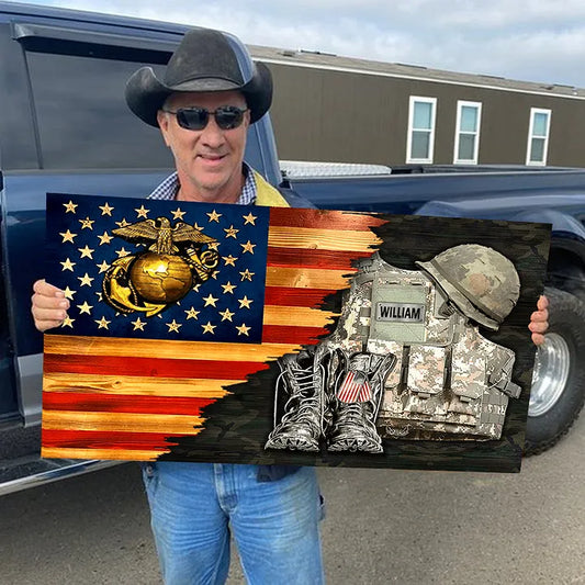 🔥2024 Hot Sale 🔥Personalized Custom Military Uniform  Boots & Hat Wooden Flag Board Veteran Gift