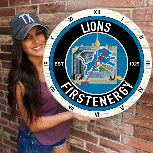 Personalized Custom Detroit-Lions Wooden Wall Clock