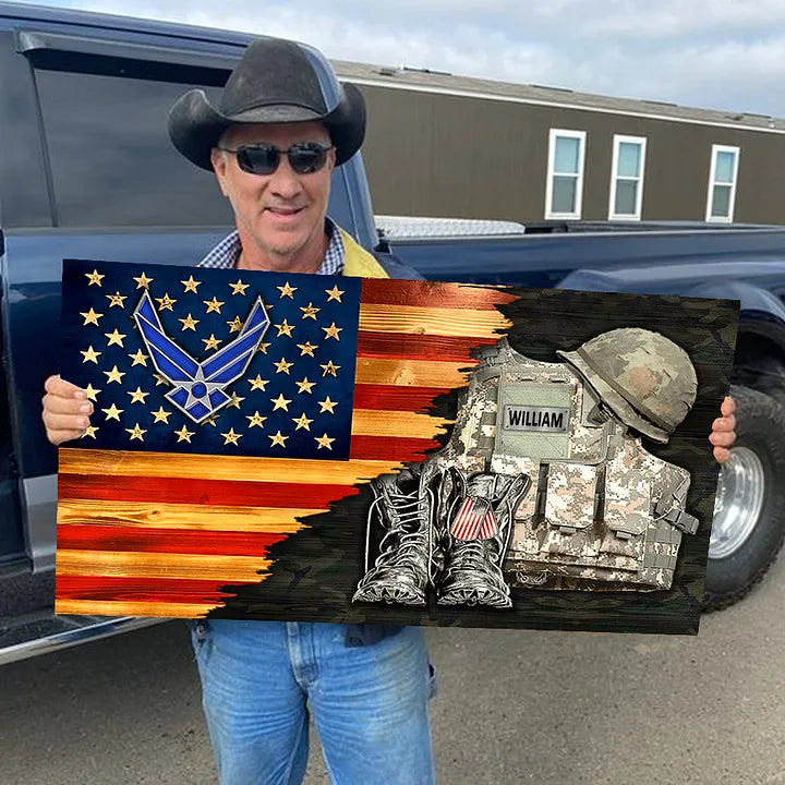 🔥2024 Hot Sale 🔥Personalized Custom Military Uniform  Boots & Hat Wooden Flag Board Veteran Gift